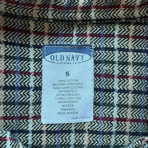 Vntg 90s Old Navy Mens Small Green, Brown Gray Plaid 100% Cotton Button up Shirt - Picture 5 of 8